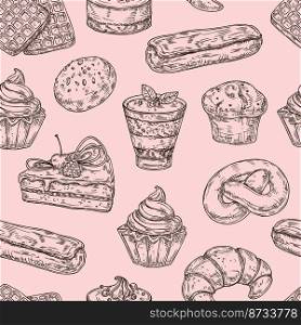 Sketch dessert seamless pattern. Fast food and cakes, sweet hand drawn bakery food. Pastry, cupcakes and pie, vintage engraving vector print. Dessert sweet wrapping and confectionery illustration. Sketch dessert seamless pattern. Fast food and cakes, sweet hand drawn bakery food. Pastry, cupcakes and pie, vintage engraving neoteric vector print