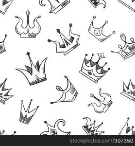 Sketch doodle crowns seamless pattern. Sketch of crown pattern, illustration of princess cartoon crown. Sketch doodle crowns seamless pattern