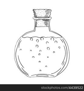 Sketch drawing of the bottle with a cork. Isolated object on a white background. A bottle &#xA;with a potion. Stock vector illustration