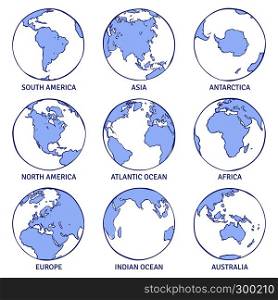 Sketch earth. Map world hand drawn globe, earth circle concept continents contour planet oceans land doodle vector collection. Sketch earth. Map world hand drawn globe, earth circle concept continents contour planet oceans land doodle set