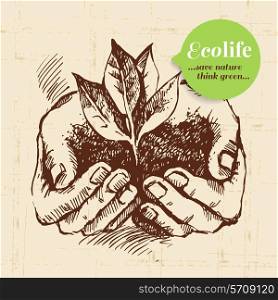 Sketch ecology vintage background. Hand drawn vector illustration