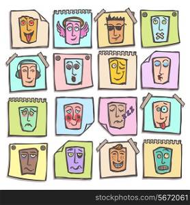 Sketch emoticons man head face expressions colored paper stickers set isolated vector illustration