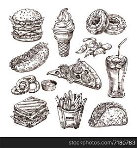 Sketch fast food. Burger hot dog, sandwich snacks, chips and ice cream, cola pizza. Hand drawn fast food vector set. Hamburger and pizza, sandwich food, menu fast food illustration. Sketch fast food. Burger hot dog, sandwich snacks, chips and ice cream, cola pizza. Hand drawn fast food vector set