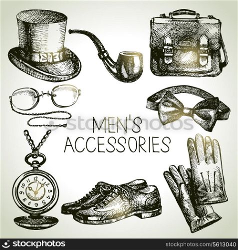 Sketch gentlemen accessories. Hand drawn men illustrations set