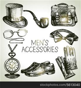 Sketch gentlemen accessories. Hand drawn men illustrations set