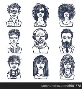 Sketch grunge males and females people portraits set isolated vector illustration