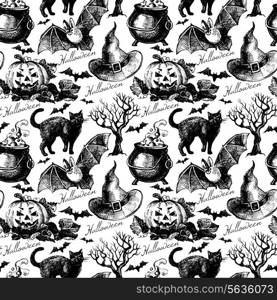 Sketch Halloween seamless pattern. Hand drawn vector illustration