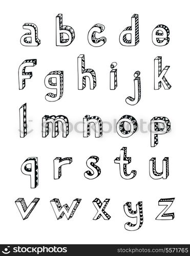 Sketch hand drawn 3d alphabet of small lower case letters isolated vector illustration