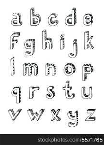 Sketch hand drawn 3d alphabet of small lower case letters isolated vector illustration