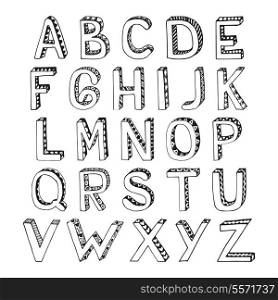 Sketch hand drawn 3d alphabet with hatch lozenge and heart ornament font letters isolated vector illustration