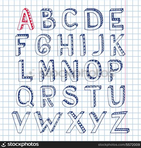 Sketch hand drawn 3d doodle alphabet letters on squared notebook page isolated vector illustration
