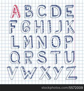 Sketch hand drawn 3d doodle alphabet letters on squared notebook page isolated vector illustration