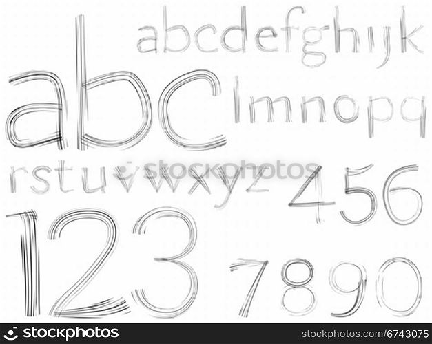 sketch hand drawn alphabet and numbers over white background, abstract vector art illustration