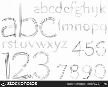 sketch hand drawn alphabet and numbers over white background, abstract vector art illustration