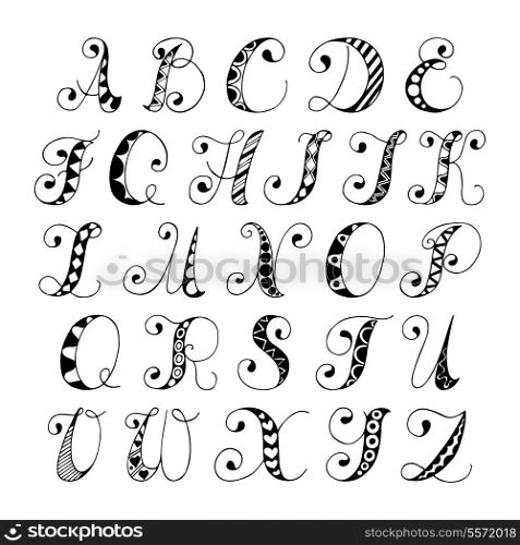 Sketch hand drawn alphabet black and white font letters isolated vector illustration