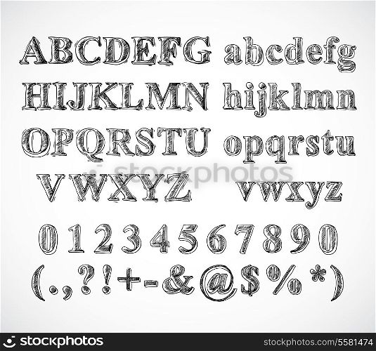 Sketch hand drawn alphabet black and white font letters numbers and symbols isolated vector illustration