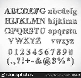 Sketch hand drawn alphabet black and white font letters numbers and symbols isolated vector illustration