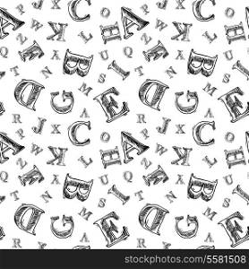 Sketch hand drawn alphabet black and white font letters seamless pattern vector illustration