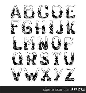 Sketch hand drawn alphabet with hatch ornament font letters isolated vector illustration