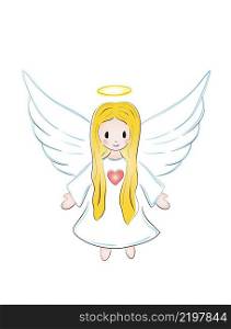Sketch hand drawn angel girl child with long blond hair in white dress isolated on white background. Vector illustration.