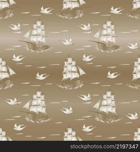 Sketch hand drawn boat and seagulls seamless pattern vintage style. Vector illustration.