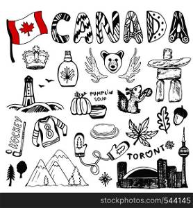 Sketch hand drawn collection of Canada symbols. Canadian culture set elements for design. Vector travel illustration with doodle lettering. Sketch hand drawn collection of Canada symbols. Canadian culture set elements for design. Vector travel illustration