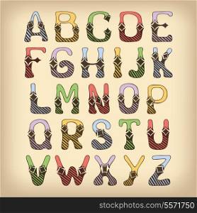 Sketch hand drawn colored alphabet with hatch and lozenge ornament font letters isolated vector illustration