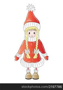 Sketch hand drawn colored girl child with blond pigtails in christmas red dress isolated on white background. Vector illustration.