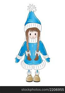 Sketch hand drawn colored girl child with brown pigtails in winter blue dress isolated on white background. Vector illustration.