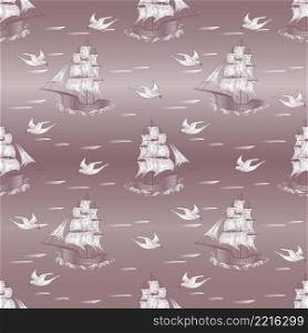 Sketch hand drawn colored sailing boat and seagulls seamless pattern. Vector illustration.