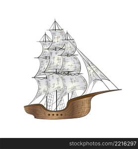 Sketch hand drawn colored sailing boat isolated on white background. Vector illustration.