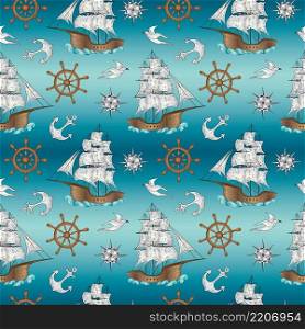 Sketch hand drawn colored sailing boat, steering wheels, anchors and seagulls on blue background. Seamless pattern. Vector illustration.