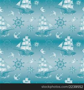 Sketch hand drawn colored sailing boat, steering wheels, anchors and seagulls on blue background. Seamless pattern. Vector illustration.