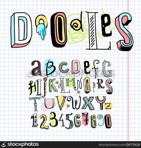 Sketch hand drawn doodle alphabet letters on squared notebook page isolated vector illustration