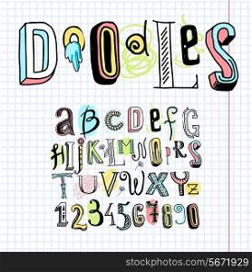 Sketch hand drawn doodle alphabet letters on squared notebook page isolated vector illustration