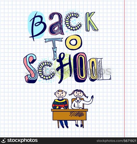 Sketch hand drawn doodle back to school concept with kids at desk vector illustration