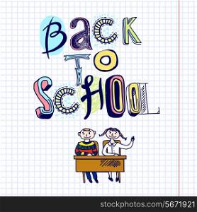 Sketch hand drawn doodle back to school concept with kids at desk vector illustration