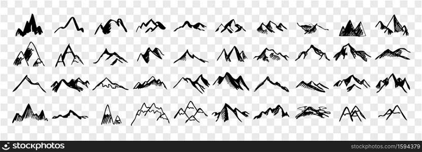 Sketch, hand drawn mountain peaks set collection. Scribbles. Pen, pencil, ink hand drawn mountain peaks. Sketch of different form and height mountains isolated on transparent background. Vector. Sketch, hand drawn mountain peaks set collection