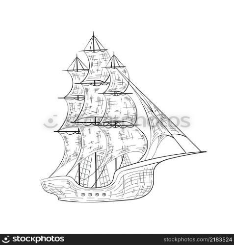 Sketch hand drawn sailing boat isolated on white background. Vector illustration.