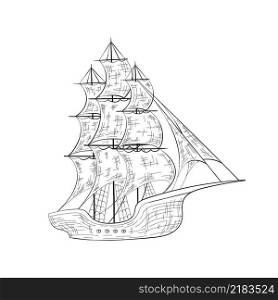 Sketch hand drawn sailing boat isolated on white background. Vector illustration.