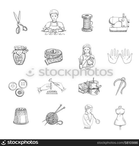 Sketch handmade hand drawn icons set with tailoring and sewing equipment isolated vector illustration. Sketch Handmade Icons Set