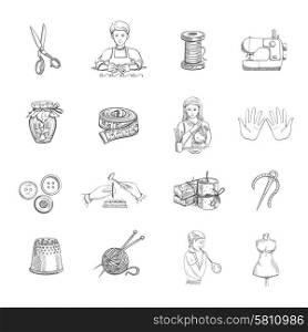 Sketch handmade hand drawn icons set with tailoring and sewing equipment isolated vector illustration. Sketch Handmade Icons Set