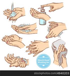 Sketch Hands Washing Hygiene Set. Colorful sketch hands washing rinsing and drying hands hygiene set isolated on white background vector illustration