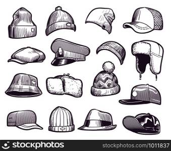Sketch hats. Fashion mens caps design. Sports and knitted, baseball and trucker cap, seasonal headwear drawing vector fur warm earflaps collection. Sketch hats. Fashion mens caps design. Sports and knitted, baseball and trucker cap, seasonal headwear drawing vector collection