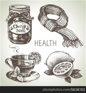 Sketch healthy and medical set. Hand drawn vector illustration