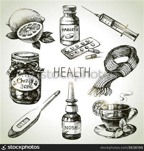 Sketch healthy and medical set. Hand drawn vector illustration