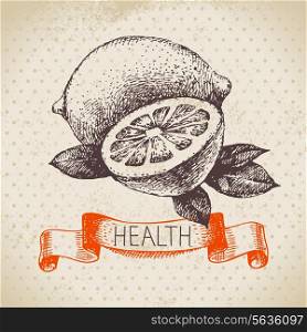 Sketch healthy background with lemon. Hand drawn vector illustration
