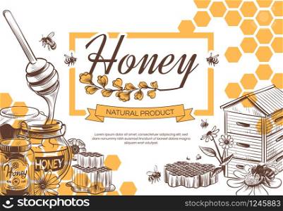 Sketch honey background. Hand drawn tasty sweet dessert natural organic honeycomb, beeswax and bee, beekeeping banner, poster vintage vector design. Sketch honey background. Hand drawn sweet dessert natural organic honeycomb, beeswax and bee, beekeeping banner, poster vector design