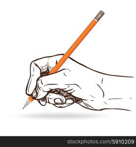 Sketch human hand holding graphite pencil for writing vector illustration. Hand Holding Pencil