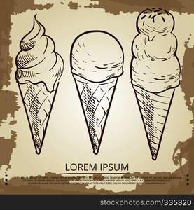 Sketch ice cream cones on grunge vintage page. Vector illustration. Sketch ice cream cones on grunge vintage page